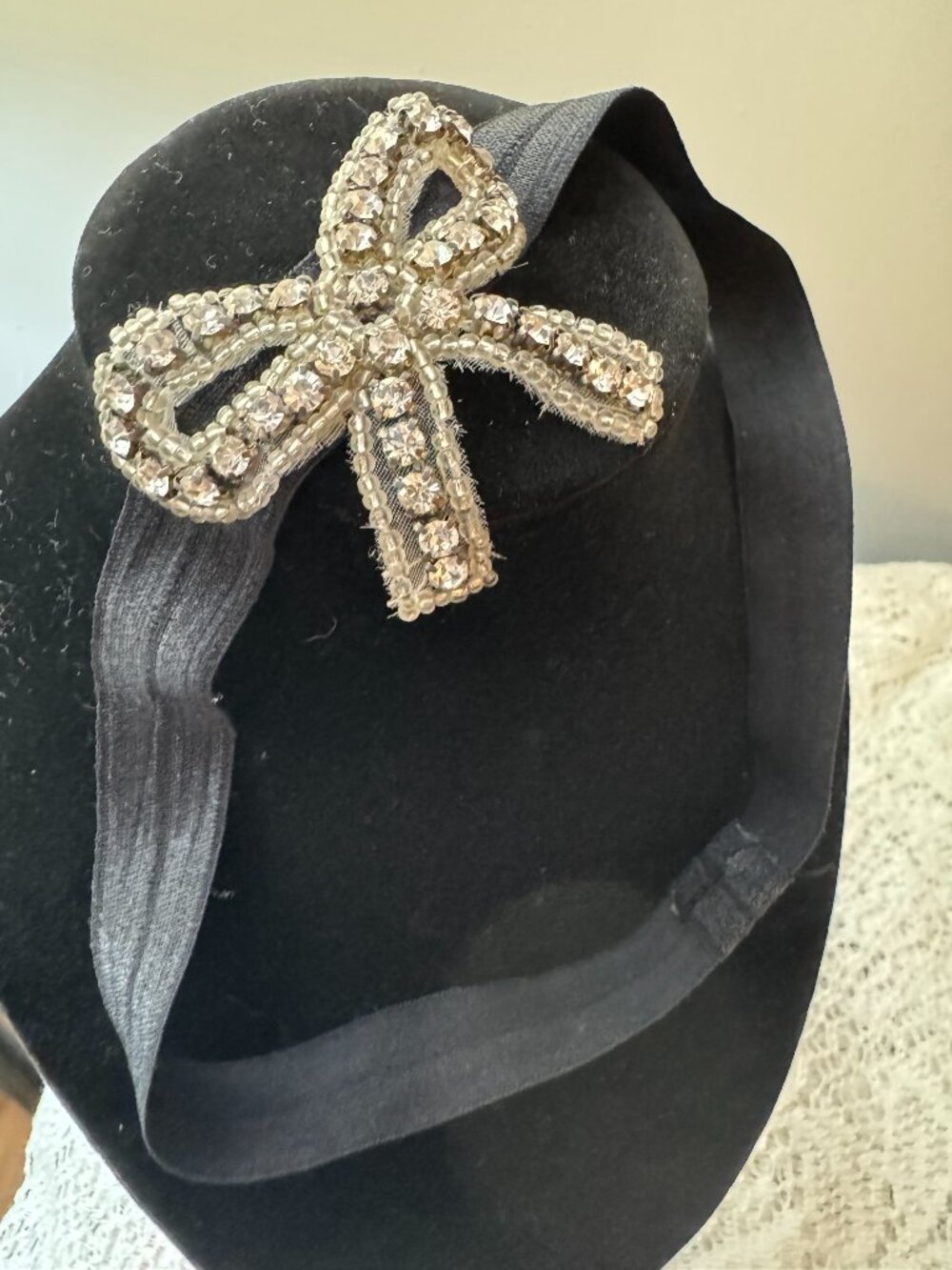 Girls Soft Black Elastic Headband with Rhinestone Bow